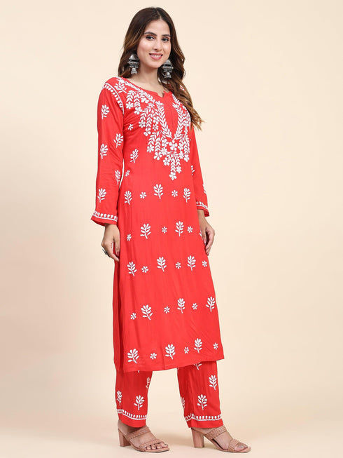 Fizaa Chikankari Long Modal Kurta Set - RED